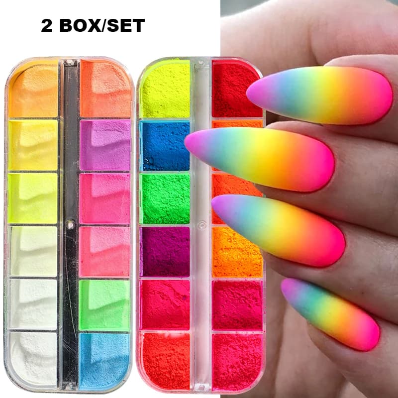 2 scatole di pigmenti per unghie arcobaleno al neon che si illuminano al buio in polvere fosforo colorato cromato glitter sfumato nail art sfregamento polvere decorazione