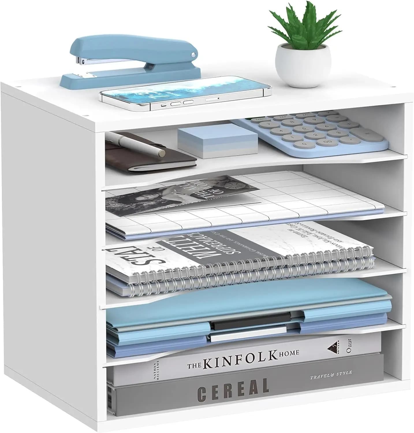Desk Organizer in Wood with 5 Adjustable shelves with Storage Shelves, White Paper Tray for Office House classroom