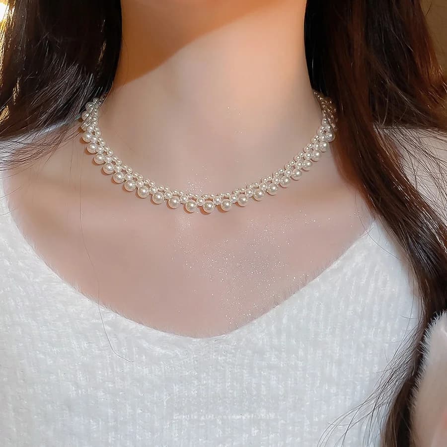 Retro Pearl Beaded Necklace for Evening Gown Wedding Dress Women's Style French Vintage Single Layer Titanium Steel Clavicle ...