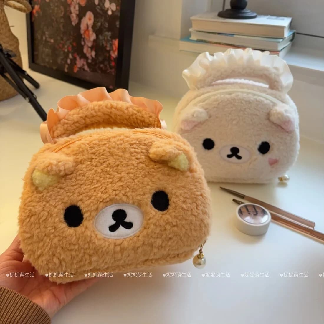 Borsa per cosmetici in peluche con cartoni animati Rilakkuma, stile giapponese, portatile, da viaggio, per riporre il trucco, astuccio per matite, per uso quotidiano da donna