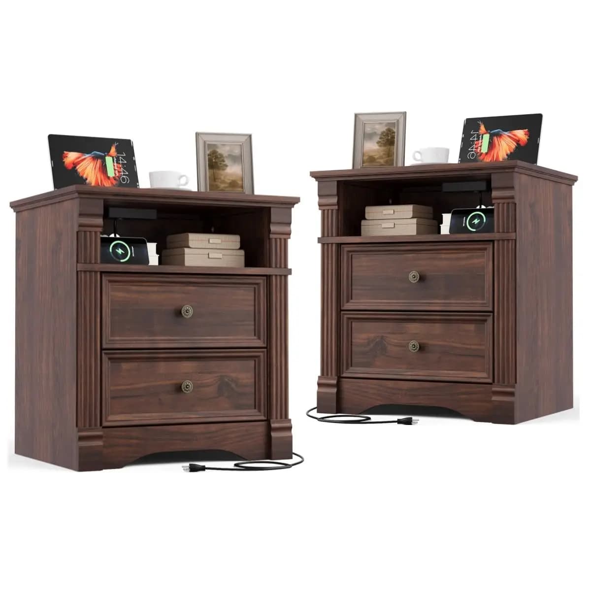 Set di 2 Comodini in Noce con 2 USB per Ricarica, 2 Cassetti, Ripiano Aperto, Maniglia in Metallo, Stile Vintage per Camera da Letto, Personalizzabile