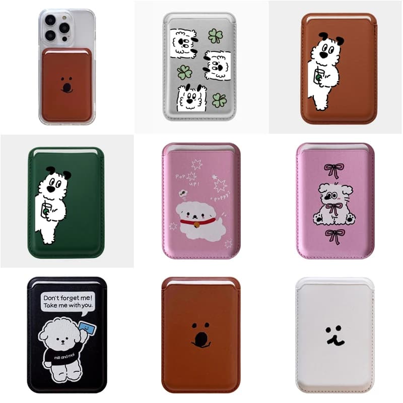 Cute Dog Cartoon Magnetic Phone Back Card Holder Wallet Slot Bag Case Cover For ID Card Bank Card For iPhone 15 14 For Magsafe
