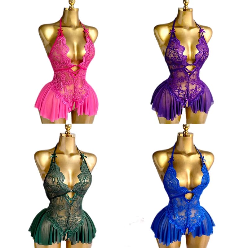 Lingerie Sexy Senza Cuciture per Donne, Body in Pizzo Traforato, Pigiama Teddy, Babydoll con Scollo Profondo a V