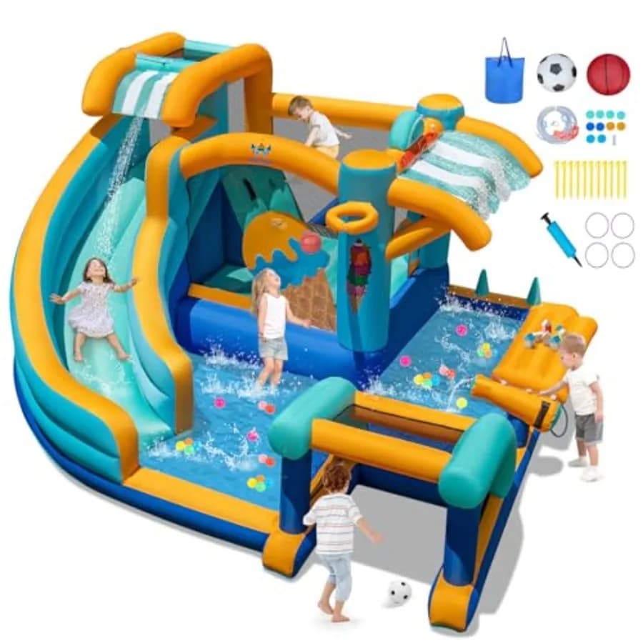 Castello gonfiabile acquatico per interni ed esterni per bambini da 3 a 12 anni, in PVC vinilico, blu/rosso, doppio uso bagnato/asciutto con piscina, porta da calcio, canestro da basket