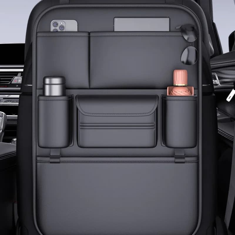 Organizer per seggiolino auto in ecopelle di lusso, grande capacità, multi tasche, accessori da viaggio interni per veicoli, vestibilità universale, nero