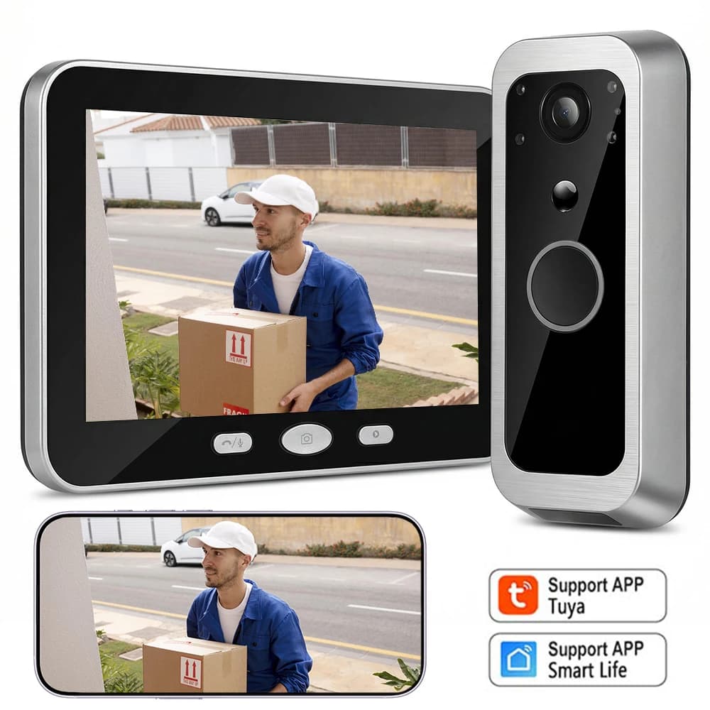 Campanello Intelligente Tuya 160 ° Sistema Videocitofonico Wireless con Schermo da 5 Pollici ad Ampio Angolo di Visione, Batteria da 5000mAh e Rilevamento PIR