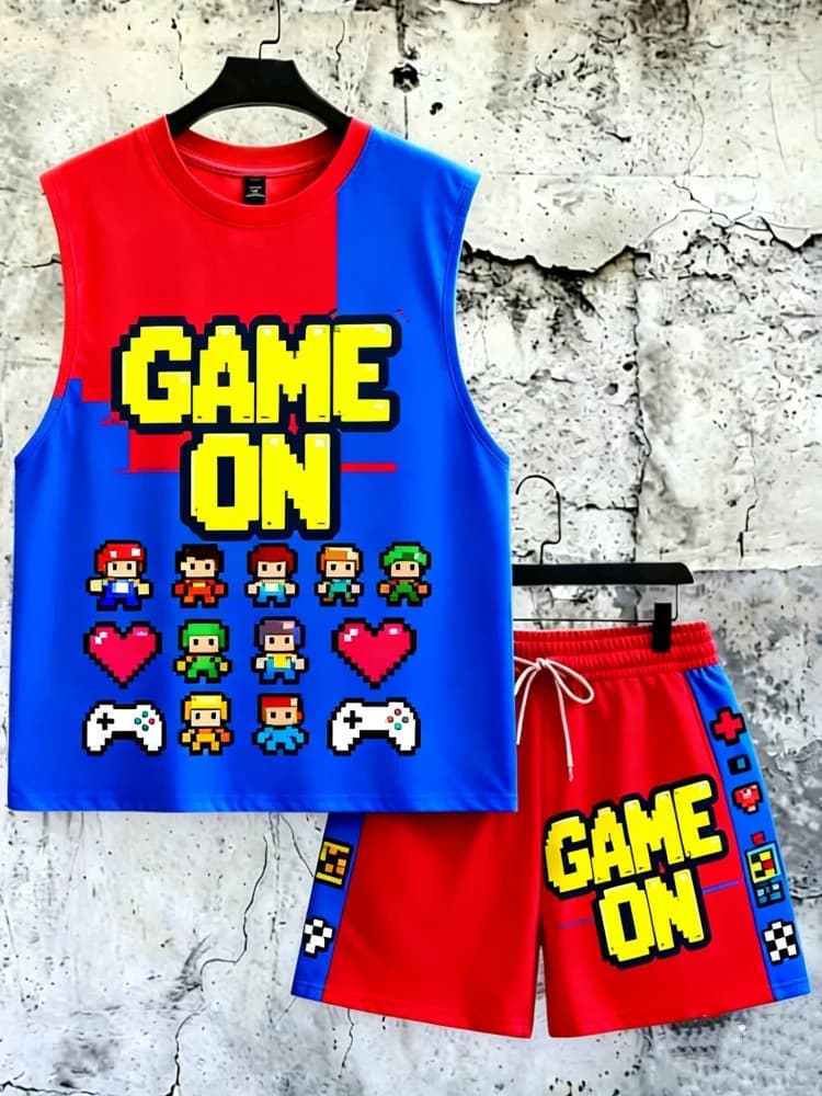 Completo estivo da uomo in 2 pezzi, canotta e pantaloncini dal taglio ampio, stampa pixel "Game On", comodo outfit estivo