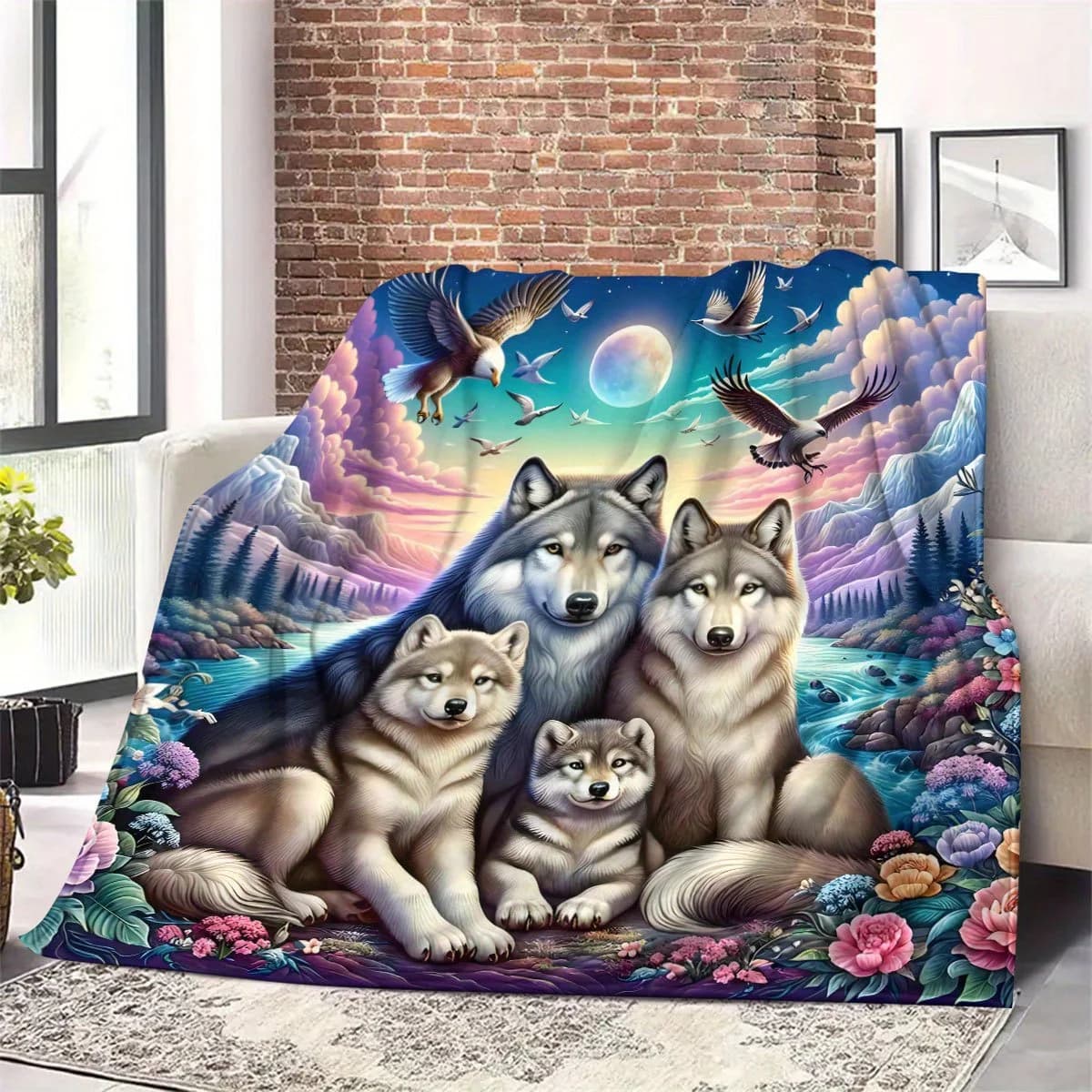 Wolf Family Blanket Moon Night Sky Print Soft Flannel Fleece Throw Quilt Bedding Sofa Cover Warm Plush Blankets Home Decor