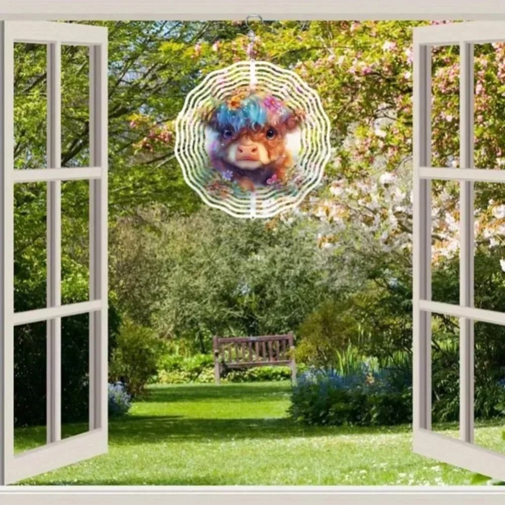 Metal Highland Cow Kinetic Wind Spinner Garden Art Spiral Chime Outdoor Decor Gift