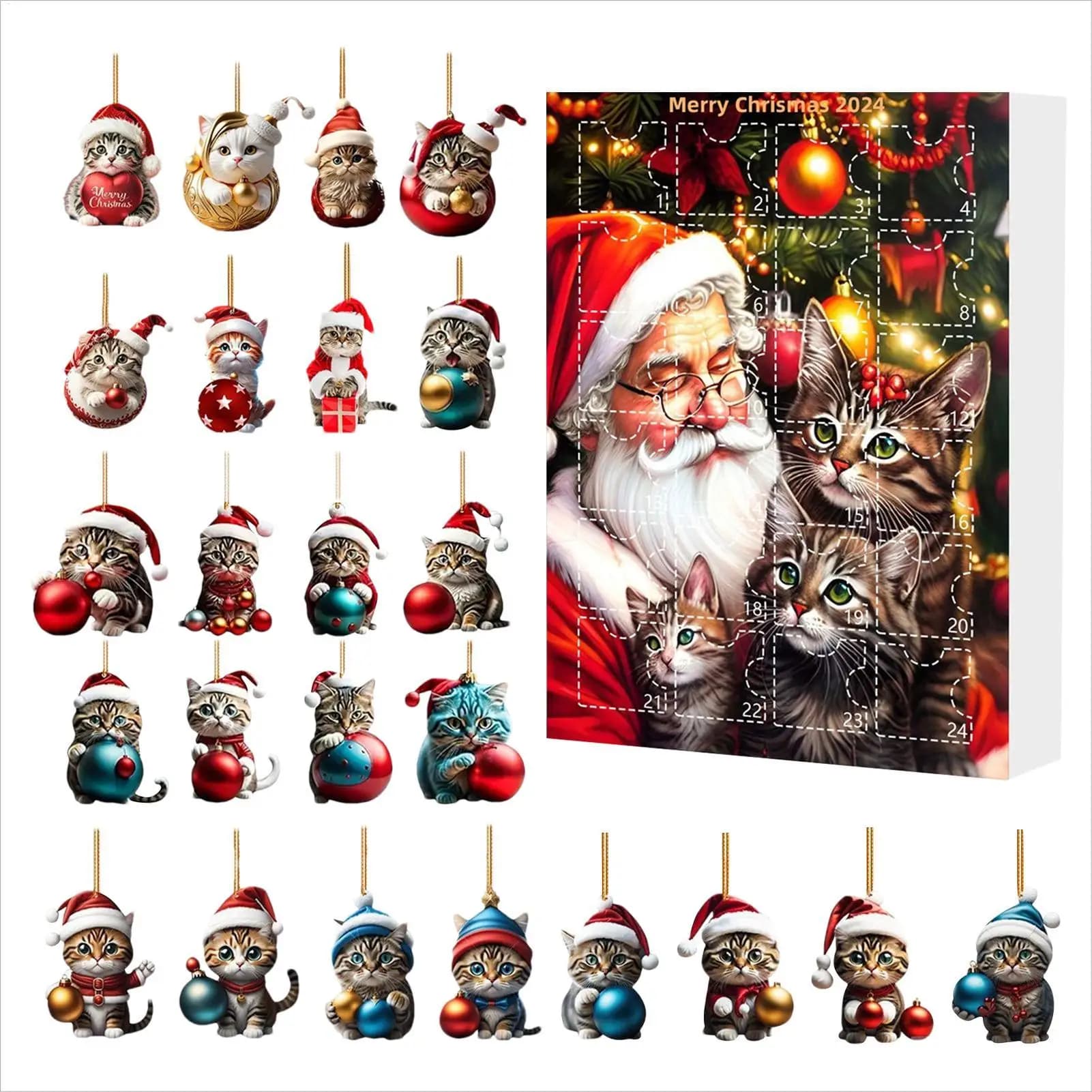 Christmas Advent 24-Day Advent Decoration Charm Pendant 2D Acrylic Cute Cat Ornaments For Christmas Tree Car Cat Ornament