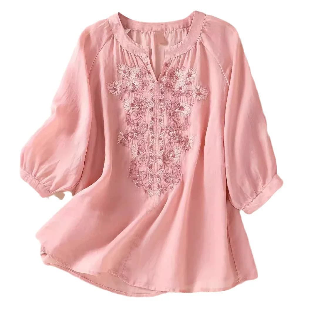 Female Cotton and Linen Half-sleeved T-shirt Summer New Embroidery Summer Retro Cotton and Linen New Loose Top Women's Clothing