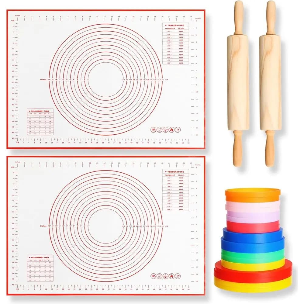 Il set di mattarelli da 20 pezzi include 2 rulli classici per pasta in legno 16 anelli guida a spessore regolabile 2 tappetini per pasticceria in silicone antiscivolo