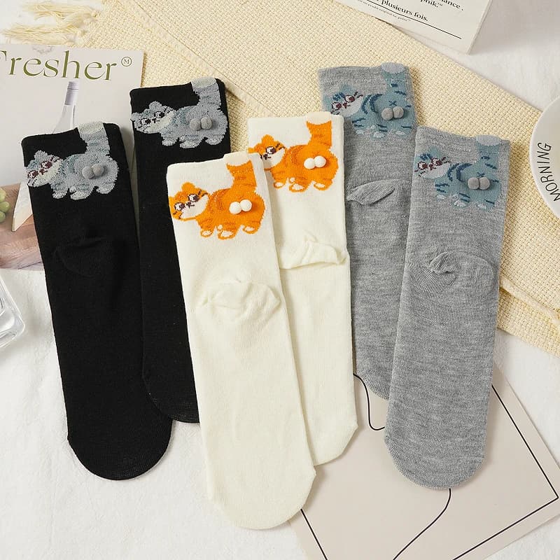 6 paia di calzini creativi a forma di gattino 3D a tubo centrale in morbido cotone lavorato a maglia calzini astratti Kawaii Cat Sleep Sock donna uomo calze