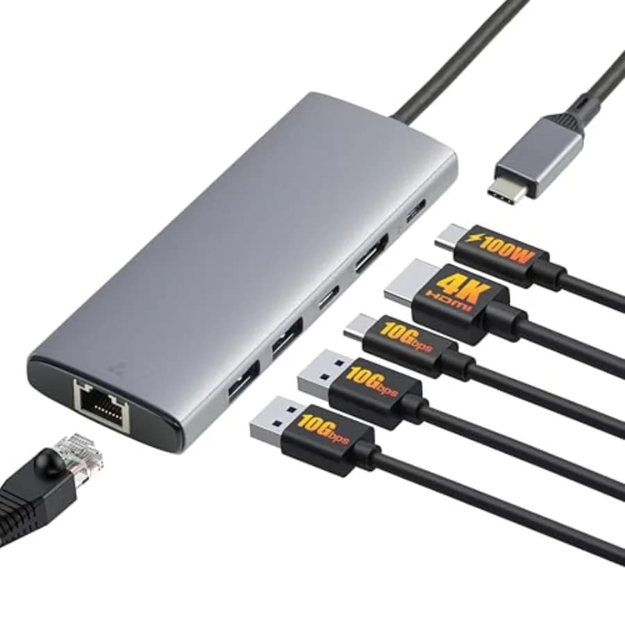 Hub USB-C 3.2 10G 6-in-1 con Adattatore Multiporta, Power Delivery 100W, HDMI 4K, Ethernet, 2 USB-A, 1 USB-C, Grigio Chiaro, 4.70 x 1.81 x 0