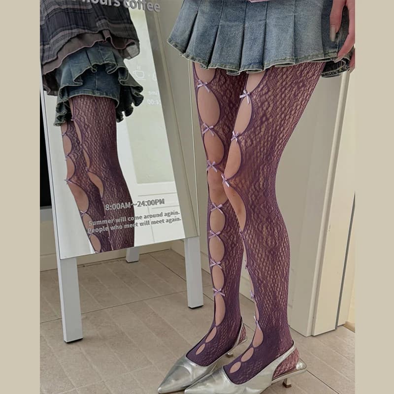 Calze a rete sexy stile Y2K Millennium Spicy Girl con fiocco e dettagli in pizzo, calze a rete punk con fondo a vista JK, calze a rete con fondo a vista.