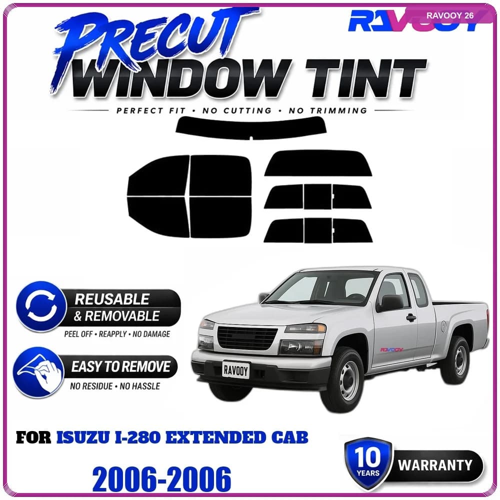 RAVOOY Precut Window Tint, Reusable Removable EPU Film, Custom Fit for Isuzu i-280 Extended Cab 2006, UV Heat Protection