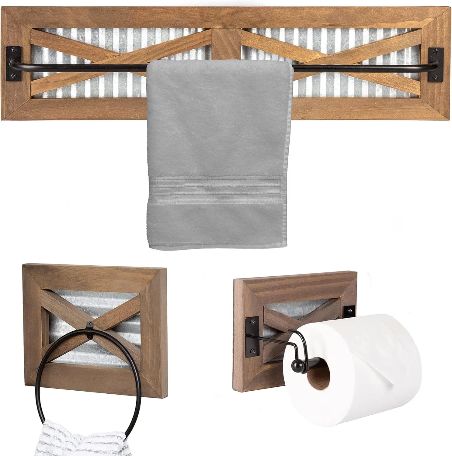 Set rustico per bagno con portasciugamani e porta carta igienica, montaggio a parete in legno di fienile e metallo nero, stile rustico/country