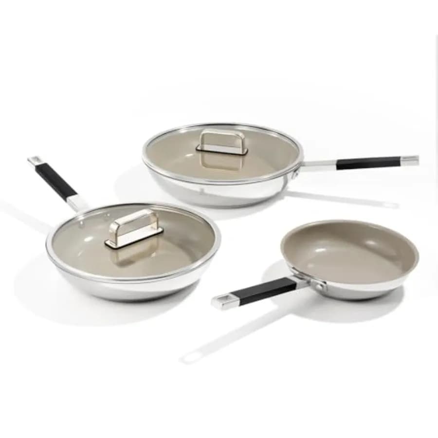 Set di Pentole in Acciaio Inox ROYDX, Padella Antiaderente in Ceramica al Titanio con Coperchio 8", 10" e 12" Oil Gather Pro Antiaderente