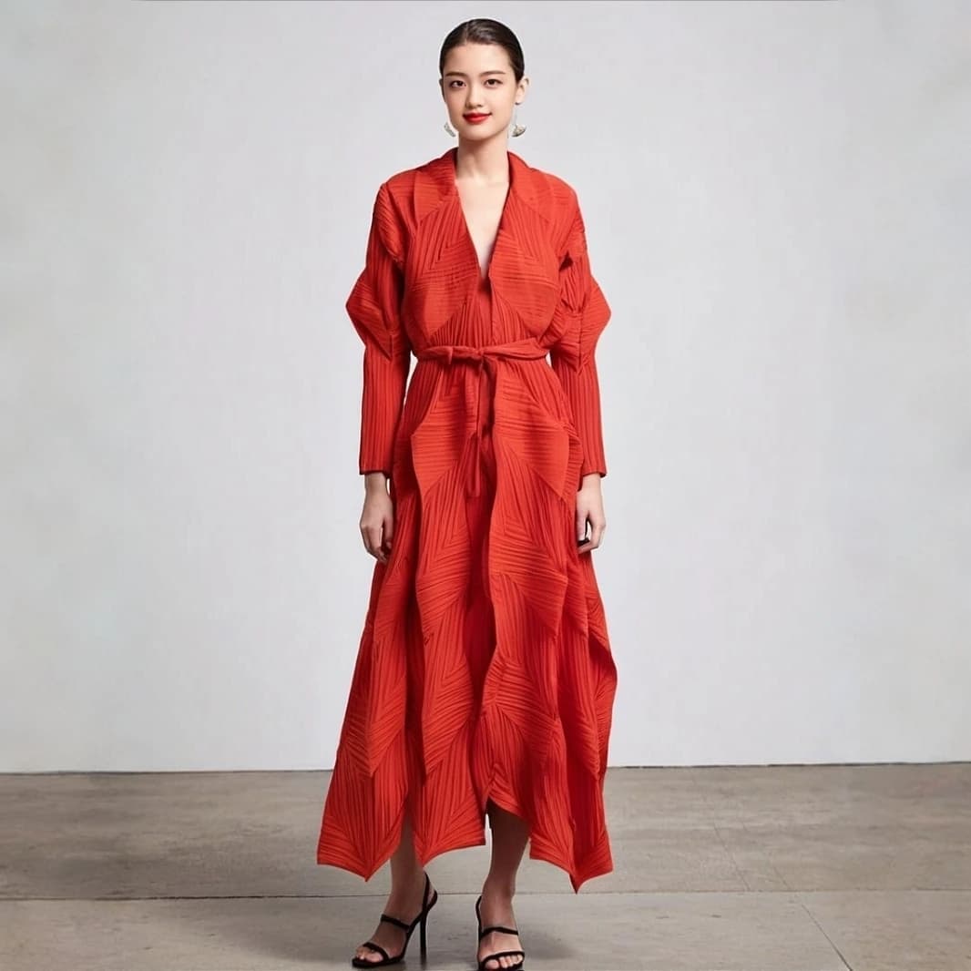 Miyake Fold Spring and Autumn New Fashionable Versatile Solid Color Long Strap Coat for Women, Casual Windbreaker for Women