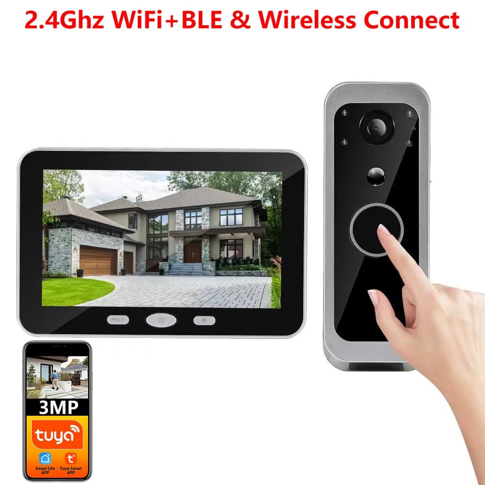 Monitor Portatile da 5'' con Schermo 3MP, Sistema Citofonico Wireless WiFi per Esterni Tuya SmartLife con Videocamera e Campanello