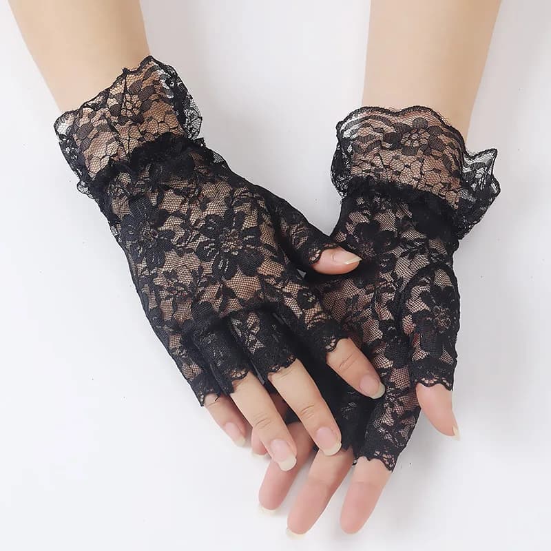 Women Summer Lace Half Finger Touch Screen Sunscreen Gloves, Breathable Half Finger Gloves for Cycling Driving E-bike Wedding Pa