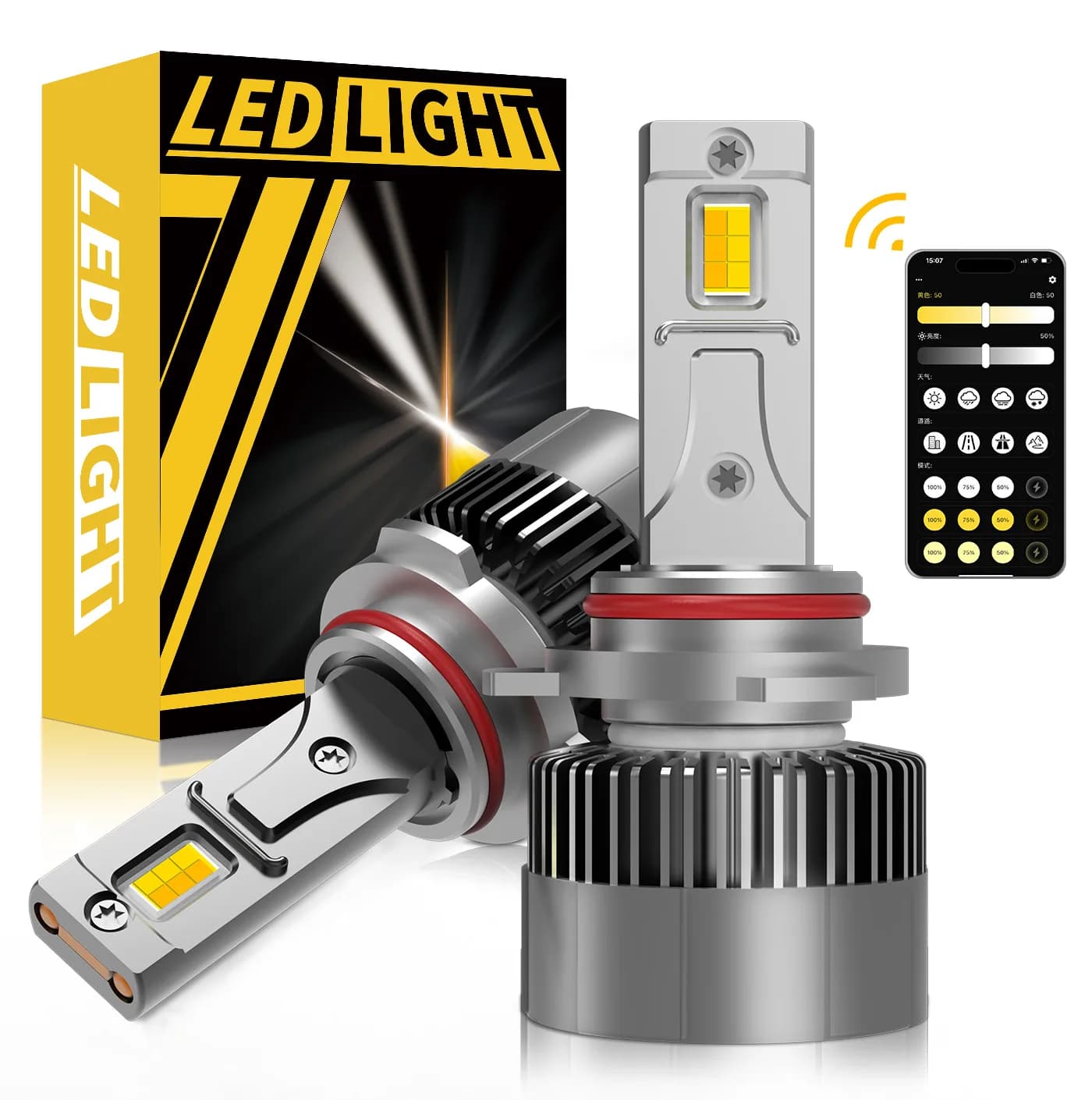 2 Pezzi Lampadine LED HIR2 9012 per Fari Auto con Controllo APP CANBUS, Luci Auto Mini Turbo 3000K 4300K 6000K 3 Colori, Fari Fendinebbia con Ventola