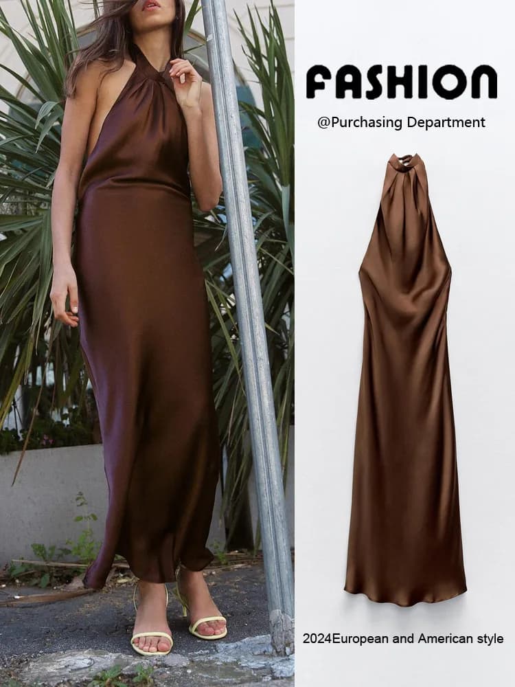 Summer New Arrival Women's Sleeveless Backless Satin Feel Loose Dress High Waist Long Skirt Neck Hanging Style H Type