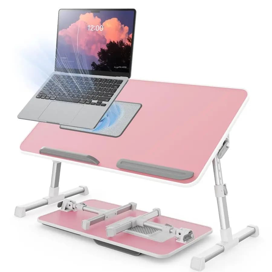 Tavolino da letto con ventola di raffreddamento, supporto per laptop regolabile in altezza e angolazione, tavolino pieghevole leggero e portatile.