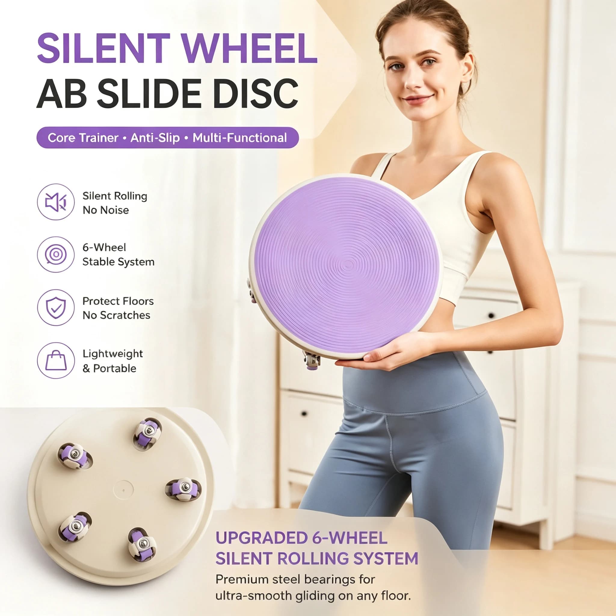 Silent Wheel Ab Slide Disc Core Trainer Anti-Slip Gliding Fitness Slider for Abs Leg Workout Portable Home Exercise Equipment