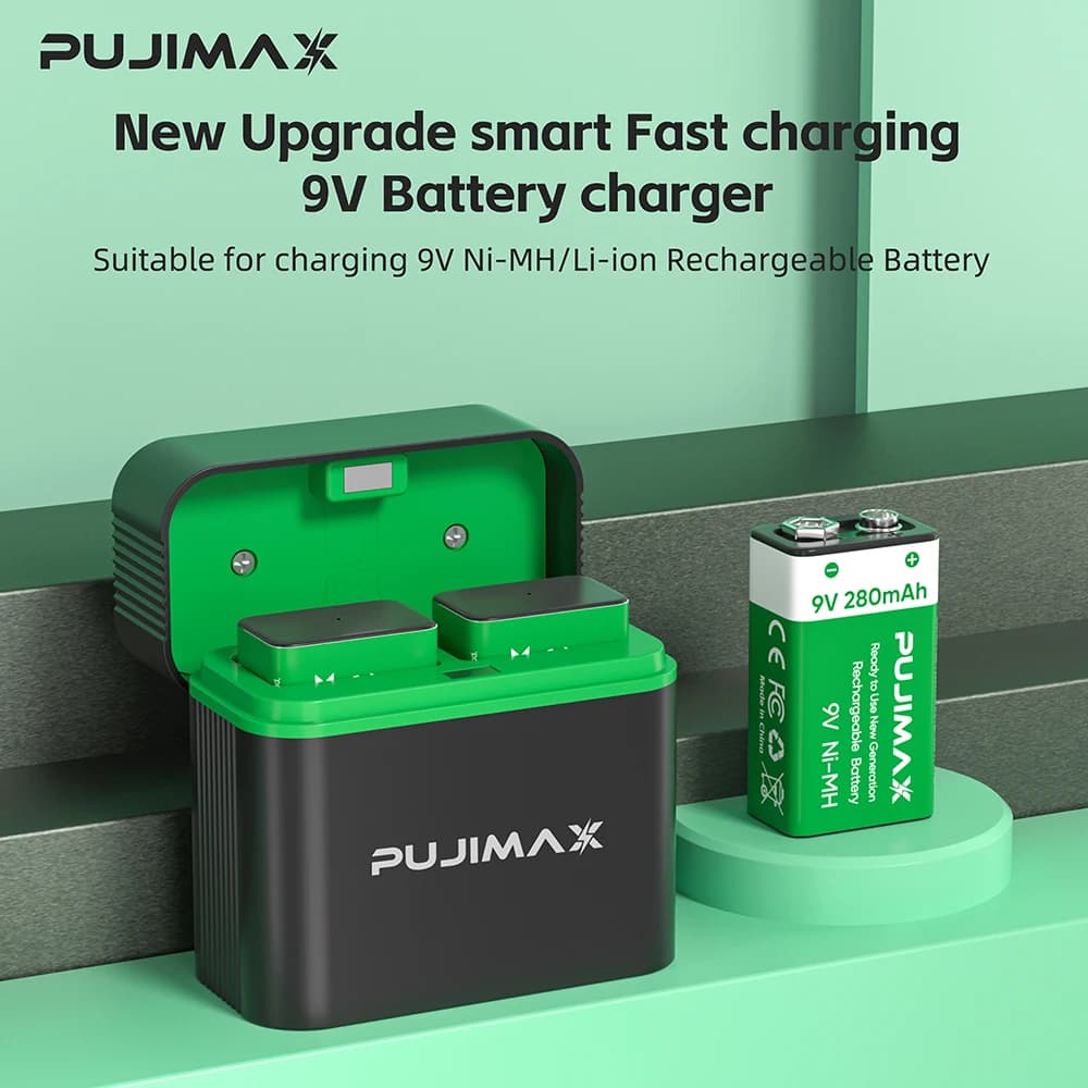 PUJIMAX 9V Batteria Ricaricabile + Caricatore 280mAh Ni-MH Batterie per Multimetro Microfono Giocattolo Telecomando Chitarra Allarme Fumo
