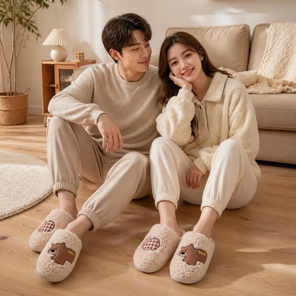 Cute Thick Sole Couple Slippers Dog Non-slip Plush Slippers Bear Cartoon Autumn Winter Slippers Couple