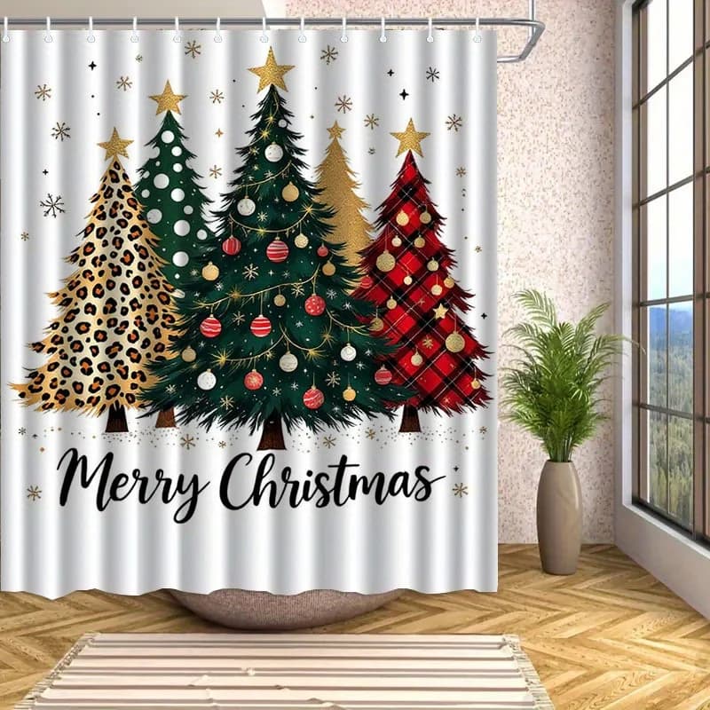 Tenda da doccia natalizia festiva con ganci: testo di buon Natale, motivo scozzese leopardato e albero glitter dorato