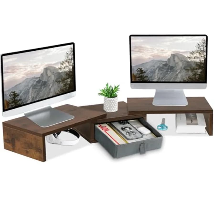 Supporto per Monitor a 3 Ripiani con Cassetto - Doppio Riser Regolabile in Lunghezza e Angolazione con Organizzatore per Scrivania ad Angolo, Grande