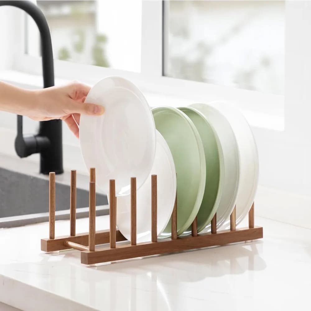 Acacia Wood Dish Drying Rack Storage Holder for Cabinet Organizes Pot Lids Plates Cutting Boards Bowls Cups and Books Drainer Stand