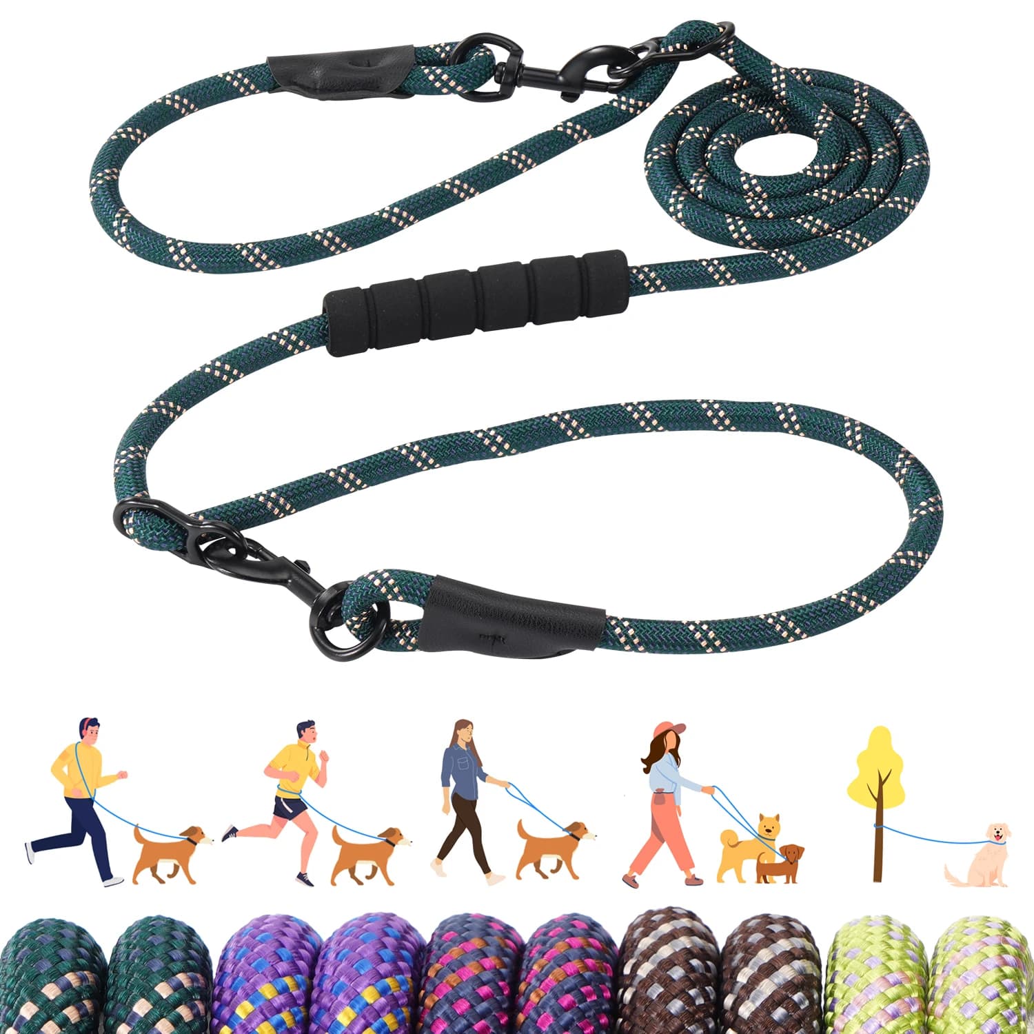 Guinzaglio per cani versatile e resistente con manico imbottito, facile converti in doppi guinzagli, 7,5 piedi, mani libere, tracolla o vita