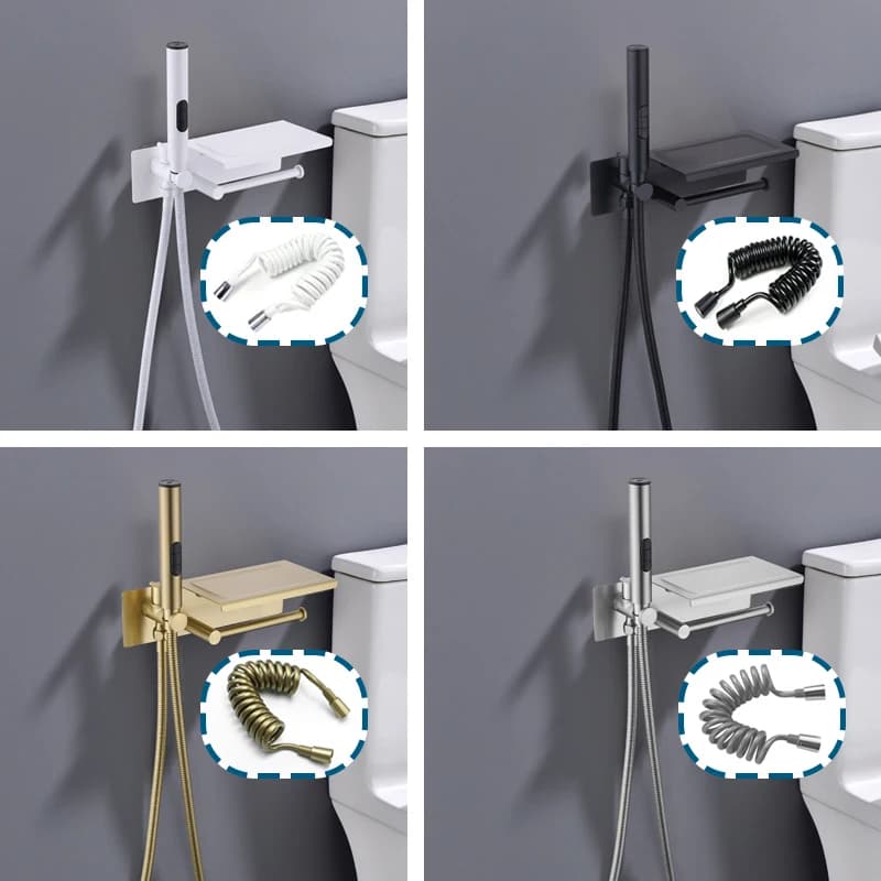 Set di bidet per WC con spruzzatore portatile singolo freddo con porta carta, rubinetto per bidet igienico incorporato, doccia, nero, bianco, oro spazzolato