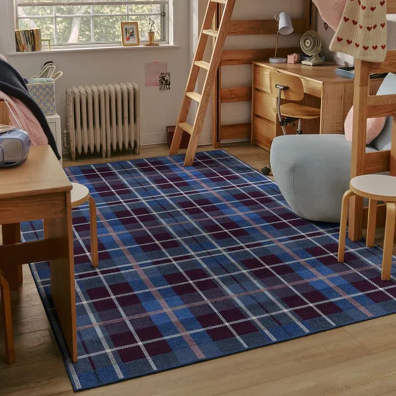 Living Room Rug Large Size Soft Comfortable Floor Mat Non-slip Machine Washable Retro Blue-purple Checkered Home Decor Carpet