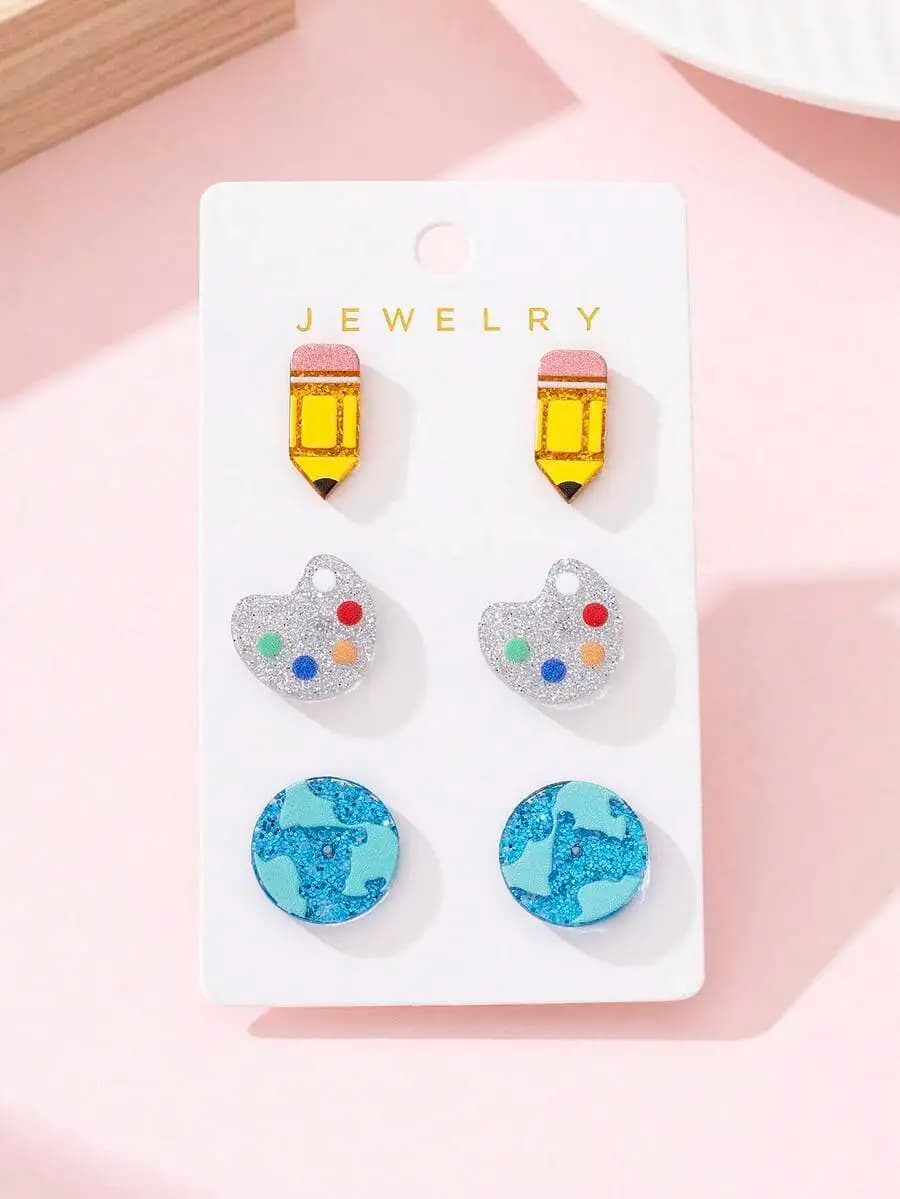 3 Pairs Pencil Palette Globe Enamel Faux Clay Earrings Set For Adults