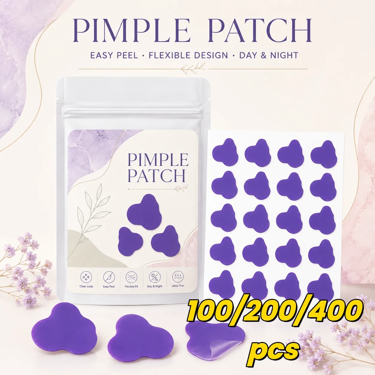 Acne Patches (100/200/400 Pieces), 20 per Sheet, Purple Cloud Shapes—Flexible, Easy to Apply, Elegant for Daily Wear