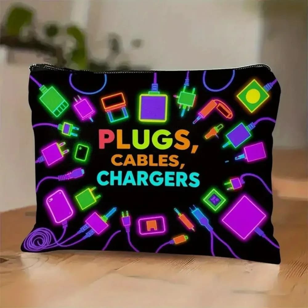 New Canvas Charger Storage Pouch Print Design Large Capacity Cable Organizer Bag Zipper Closure Cosmetic Organizer Travel Use
