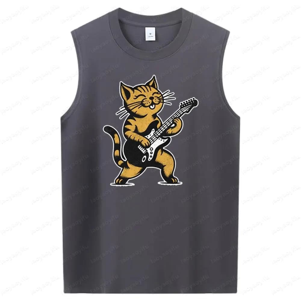 Canottiere per chitarra con gatto a dondolo Canottiere da uomo girocollo in cotone senza maniche Appassionato di fitness T-shirt casual estive per la vita quotidiana