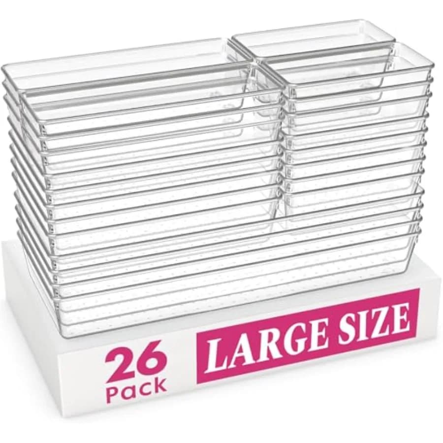 Contenitori Organizzatori per Cassetti Grandi, Set Completo di 5 Misure, in Plastica Trasparente, per Utensili da Cucina e Bagno