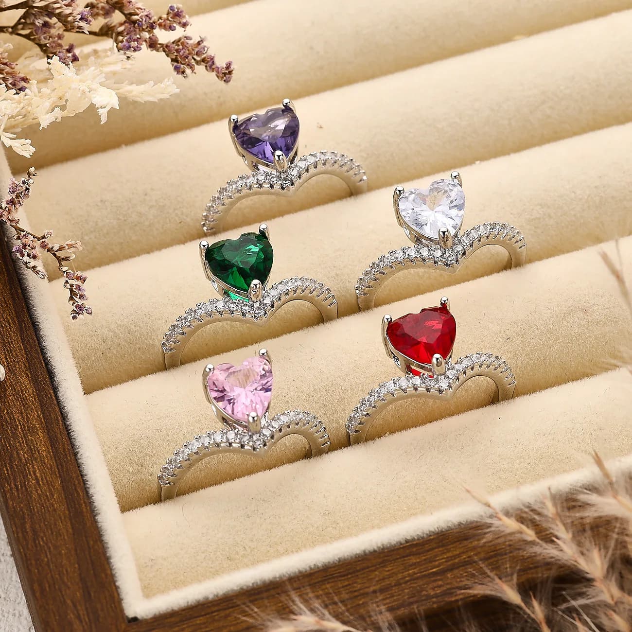 Luxury Fashionable Versatile Open Ring Exquisite Silver Series With Colorful Zirconia Heart