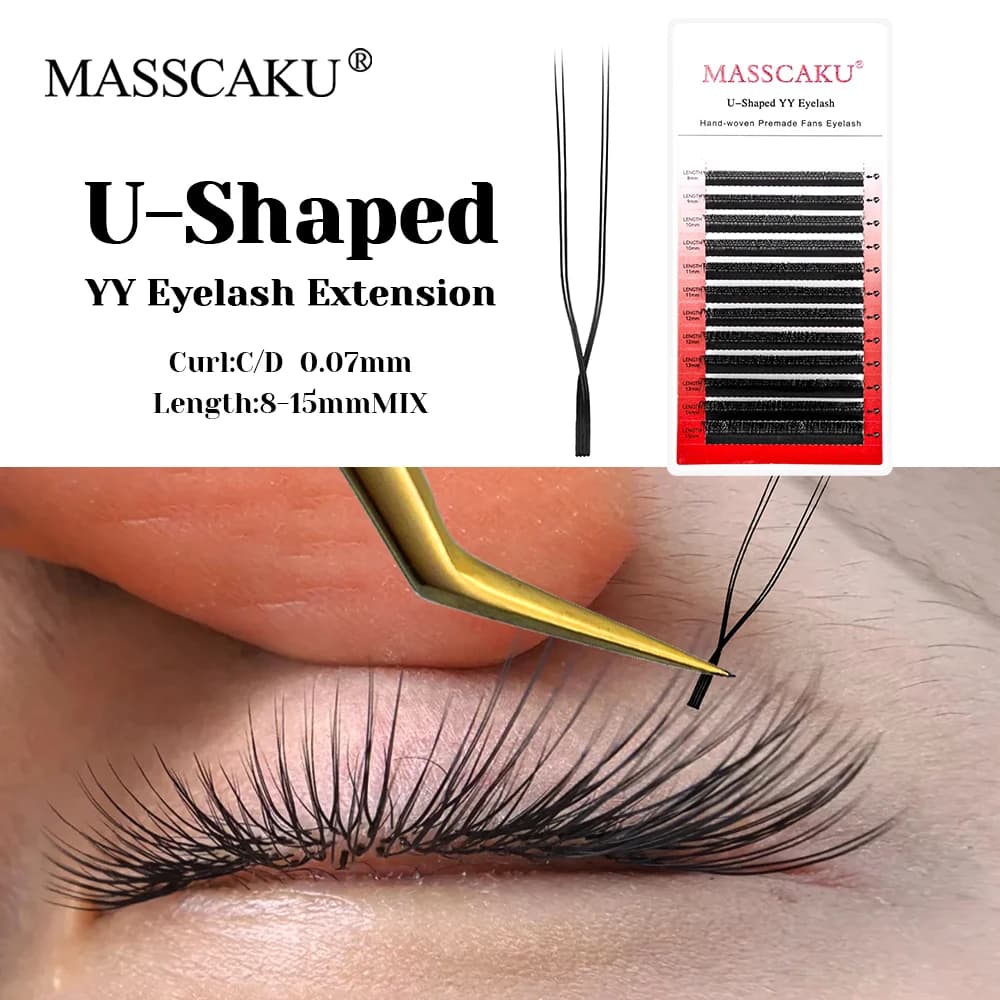 MASSCAKU U Shape YY Eyelash Finte 8-15mm Mix CD Curl Double Tips Extension Eyelash Hand-wowen Eyelash Individual Wholesale