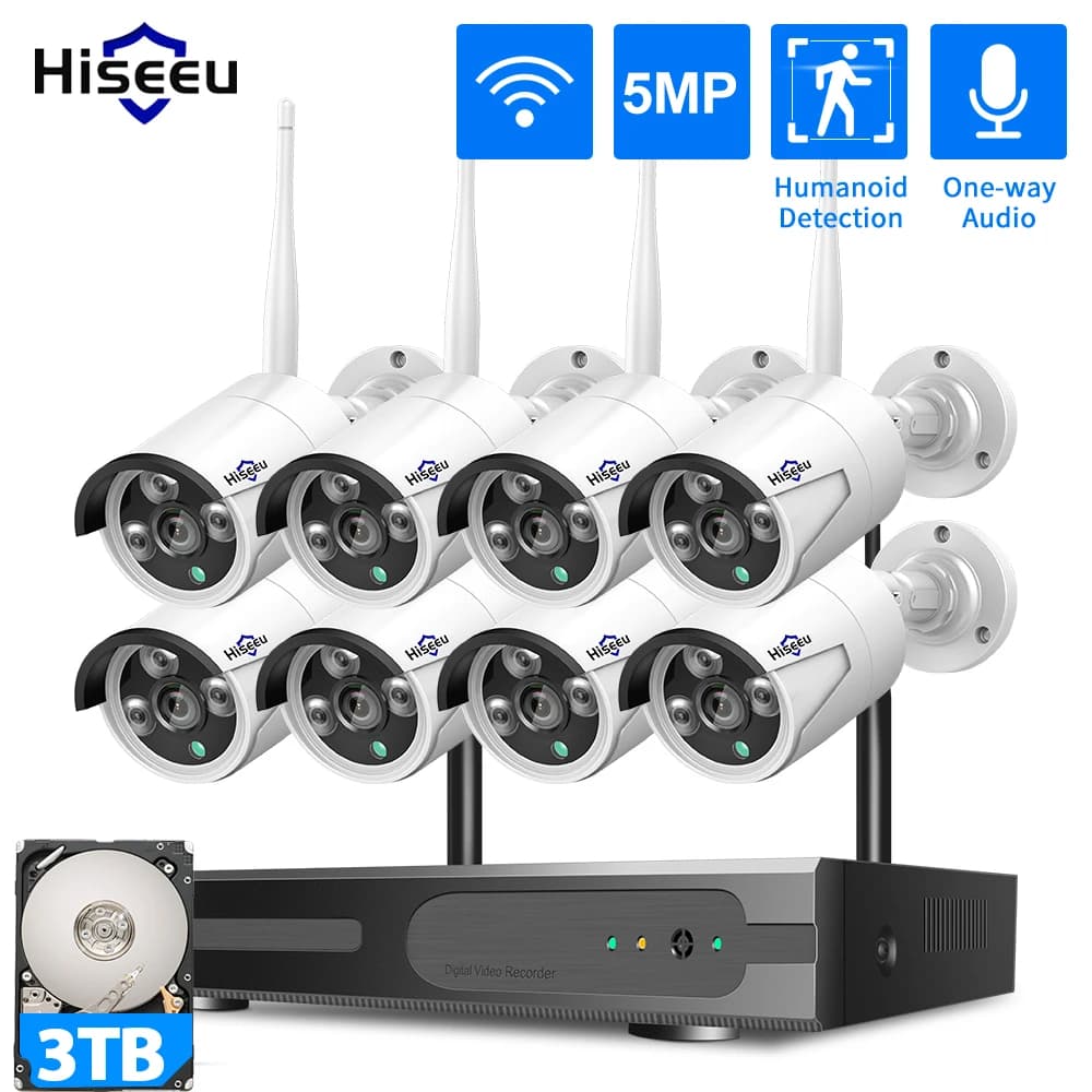 WiFi Hiseeu 3/5/8MP CCTV Security System, Bullet Camera Set with IR Night Vision, 10 Channel Wireless NVR CCTV Surveillance System