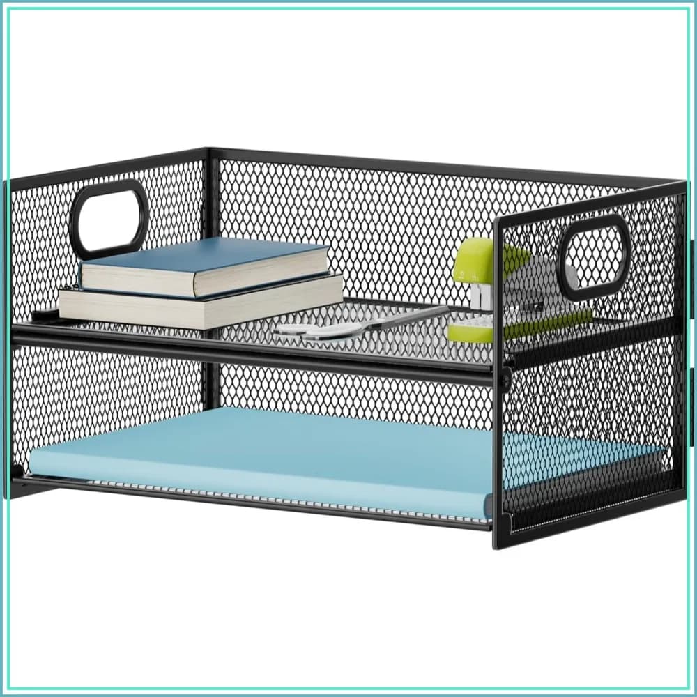 2 Tier Mesh Paper Organizer Letter Tray with Handle, File Sorter for Home Office Desk - Black
