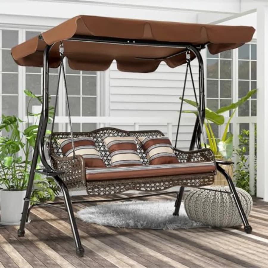 3-Seat Outdoor Patio Swing Chair for Porch Use, Brown Rattan Wicker Steel Frame with Cushion Pillow, Large Converting Canopy Gl
