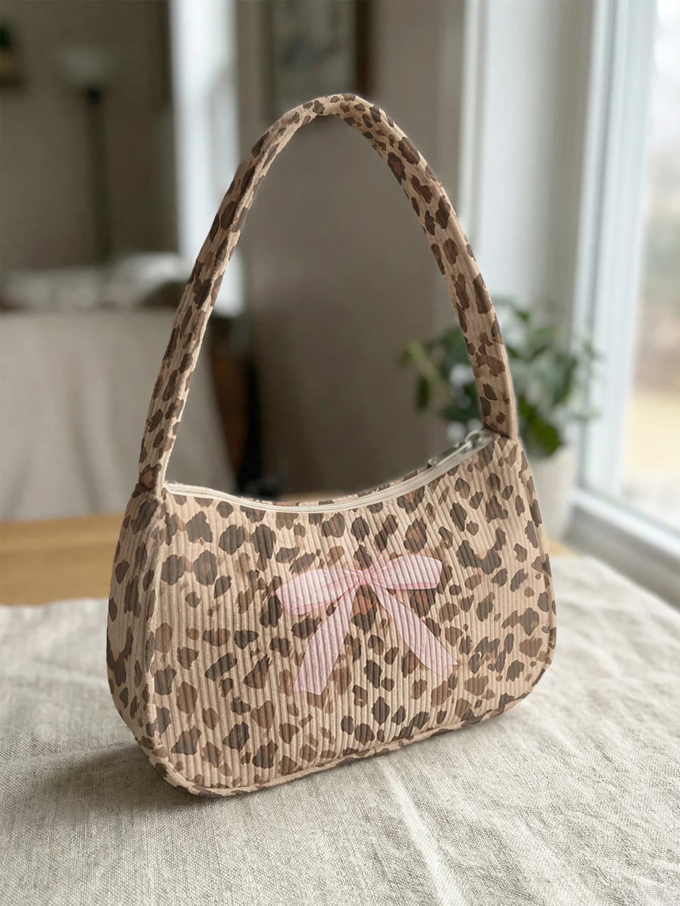 Trendy Leopard Print Shoulder Bag, Corduroy Underarm Bag with Pink Bow for Daily Casual Use