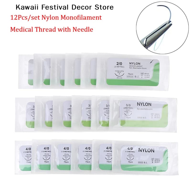 【K】12Pcs 2/0 3/0 4/0 5/0 Medical Needle Suture Nylon Silk Polyester Thread Suture Practice Kit Teaching Demonstrations Exercises