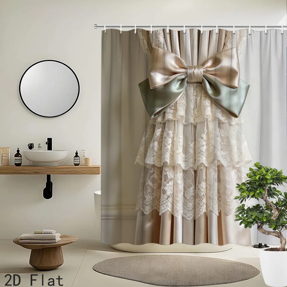 Elegant 3D Visual Lace Ruffle Satin Big Bow Cream Neutral Tone Print Shower Curtain Waterproof Mildew Resistant Polyester Fabric